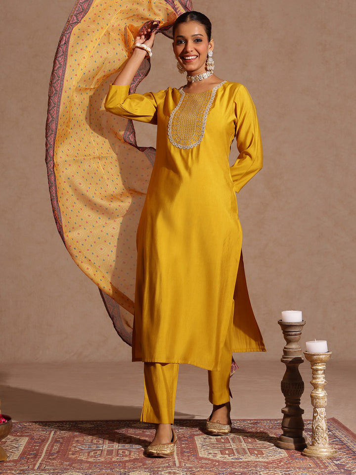 Yellow Chanderi Yoke Embroidered 3-Piece Kurta Set