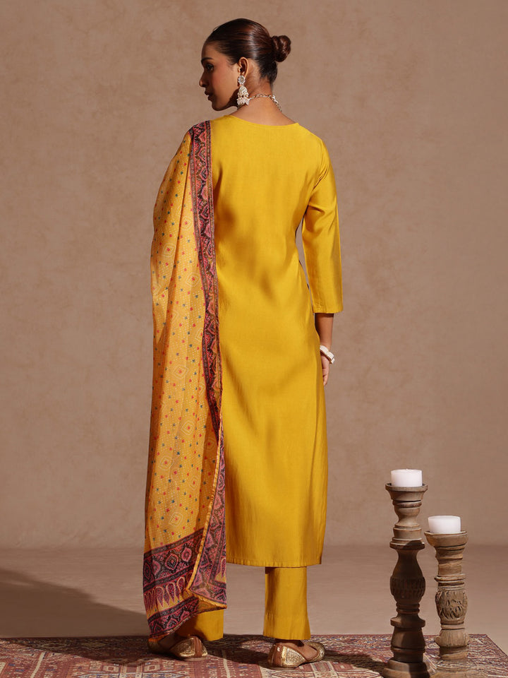 Yellow Chanderi Yoke Embroidered 3-Piece Kurta Set