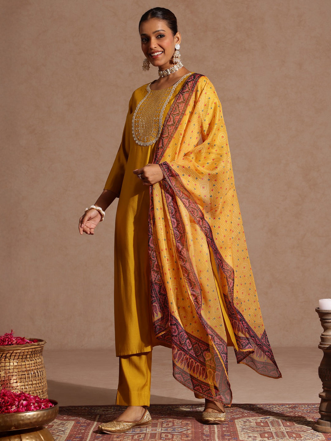 Yellow Chanderi Yoke Embroidered 3-Piece Kurta Set