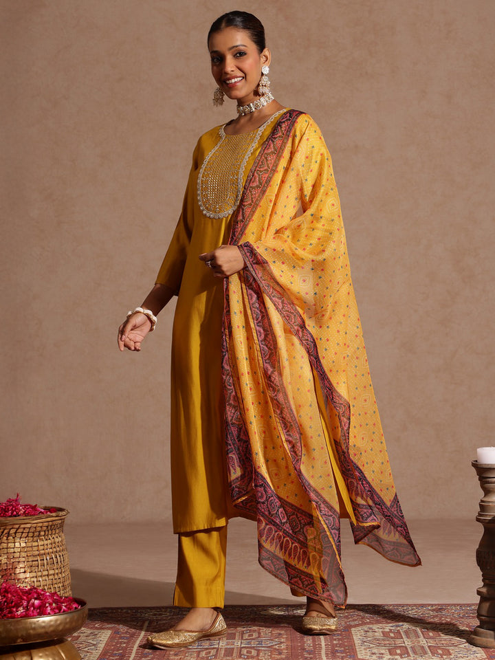 Yellow Chanderi Yoke Embroidered 3-Piece Kurta Set