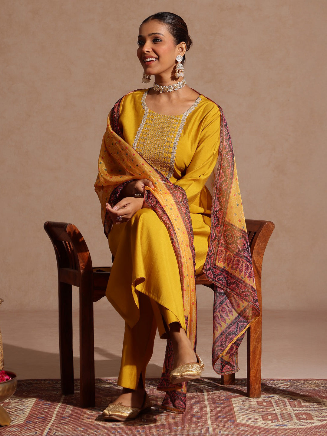 Yellow Chanderi Yoke Embroidered 3-Piece Kurta Set