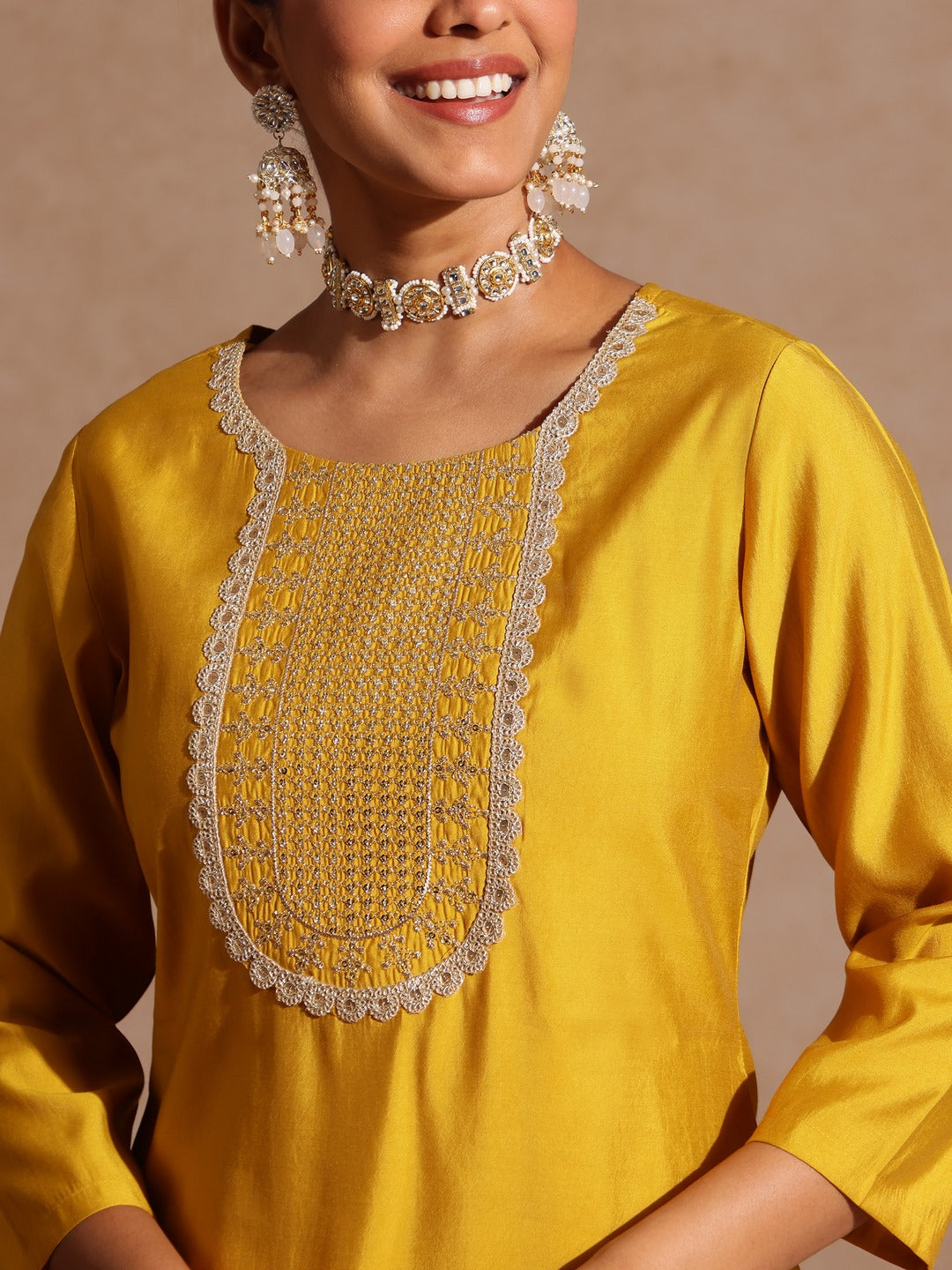 Yellow Chanderi Yoke Embroidered 3-Piece Kurta Set