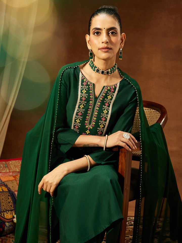 Bottle Green Silk Blend Yoke Embroidery 3-Piece Kurta Set