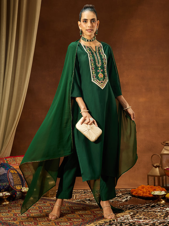 Bottle Green Silk Blend Yoke Embroidery 3-Piece Kurta Set
