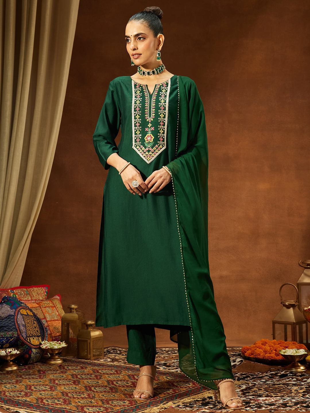 Bottle Green Silk Blend Yoke Embroidery 3-Piece Kurta Set