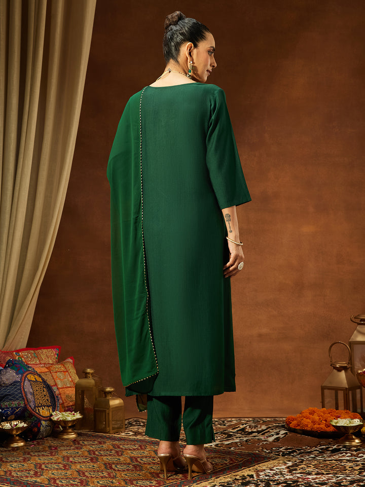 Bottle Green Silk Blend Yoke Embroidery 3-Piece Kurta Set