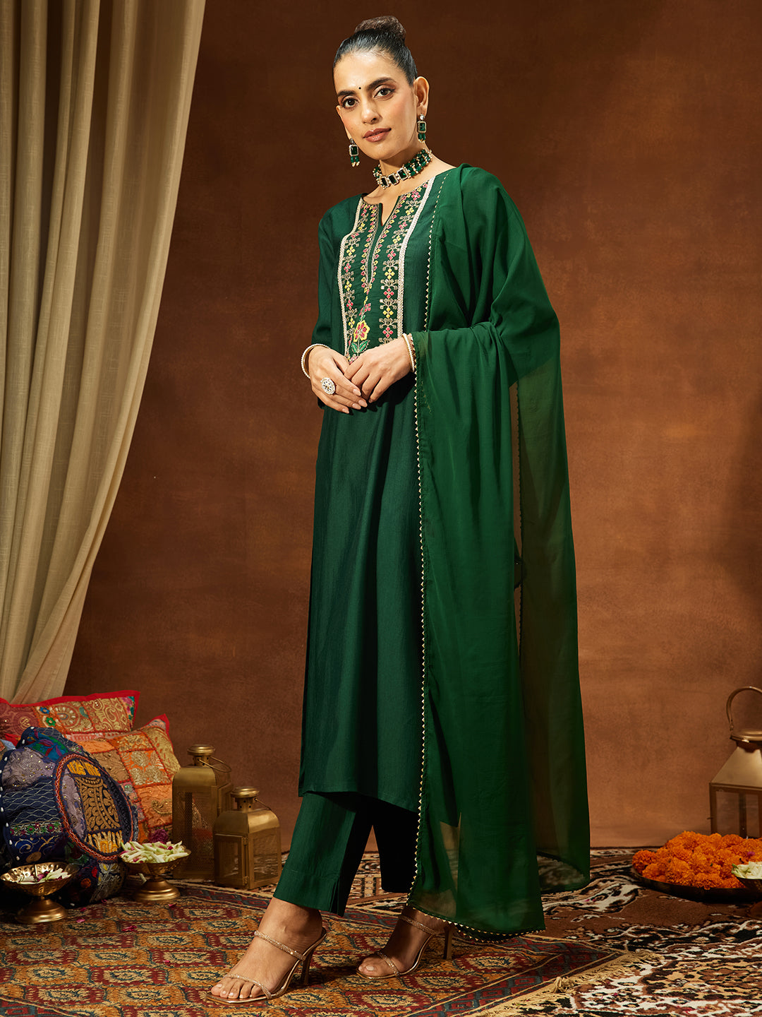 Bottle Green Silk Blend Yoke Embroidery 3-Piece Kurta Set
