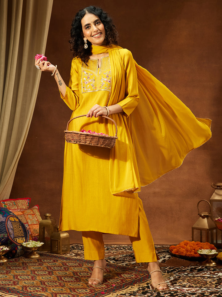 Mustard Silk Blend Yoke Embroidery 3-Piece Kurta Set