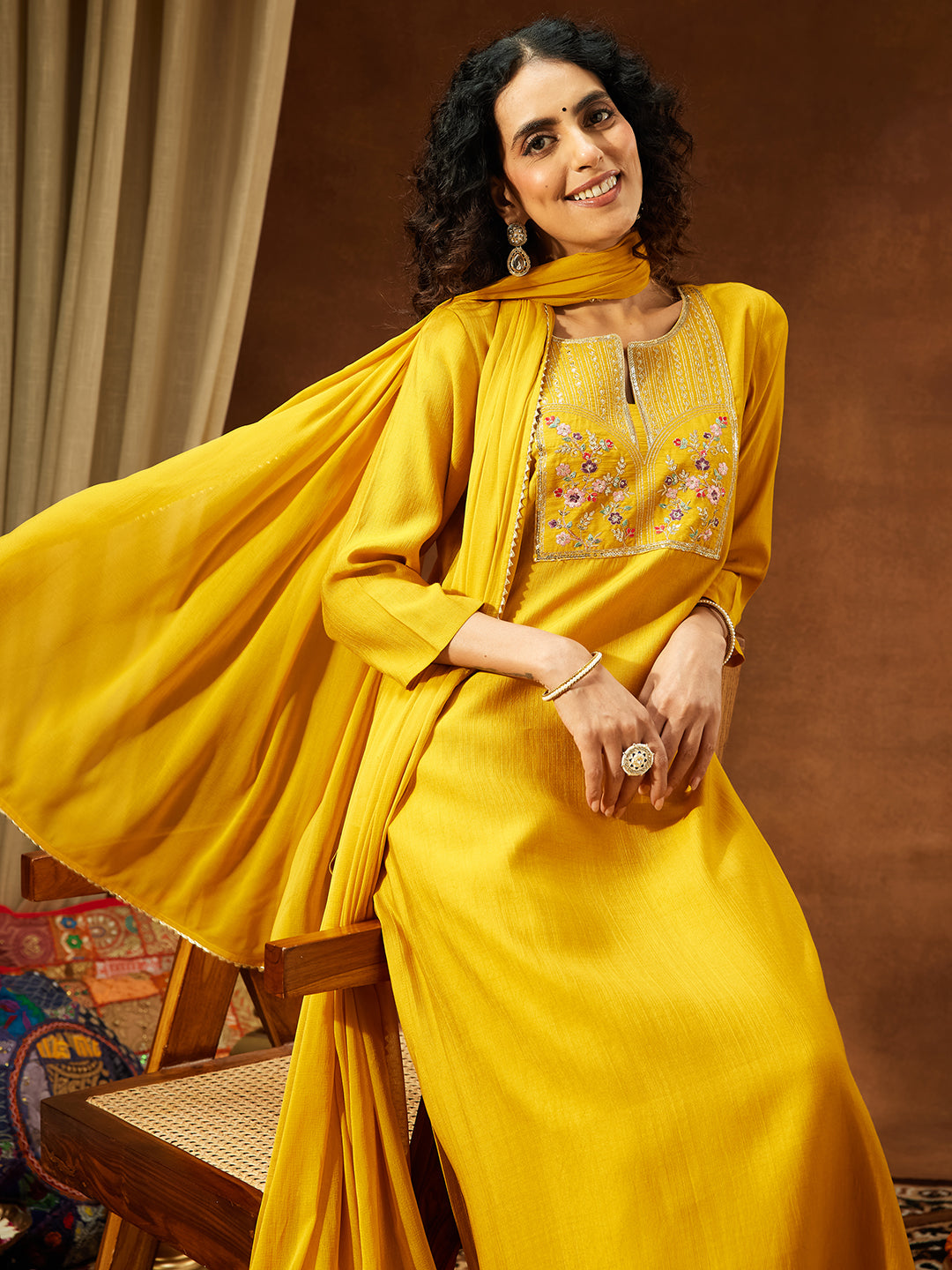 Mustard Silk Blend Yoke Embroidery 3-Piece Kurta Set