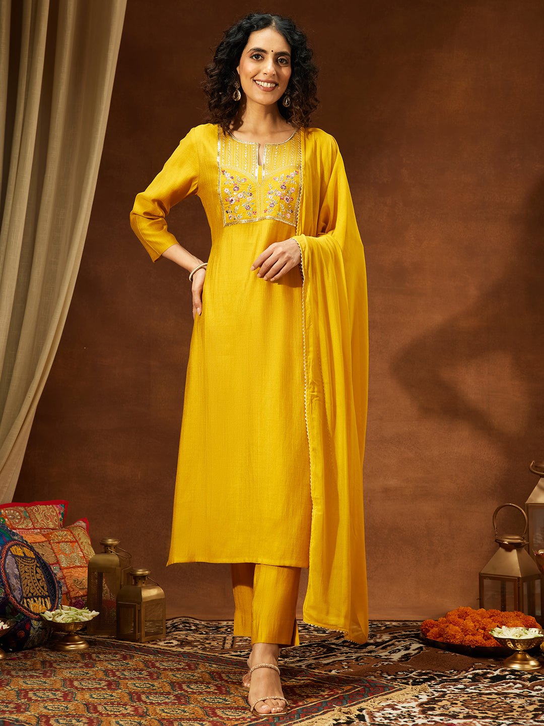Mustard Silk Blend Yoke Embroidery 3-Piece Kurta Set