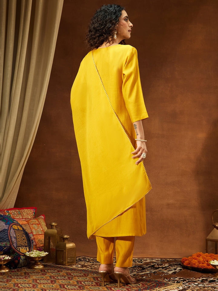 Mustard Silk Blend Yoke Embroidery 3-Piece Kurta Set