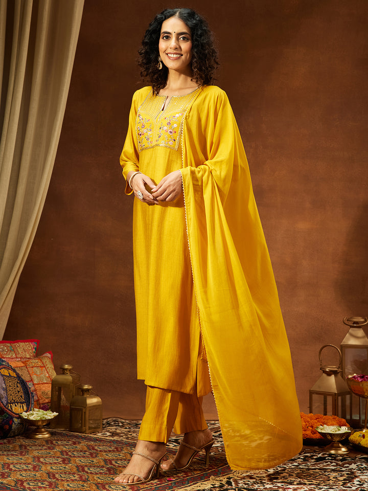 Mustard Silk Blend Yoke Embroidery 3-Piece Kurta Set