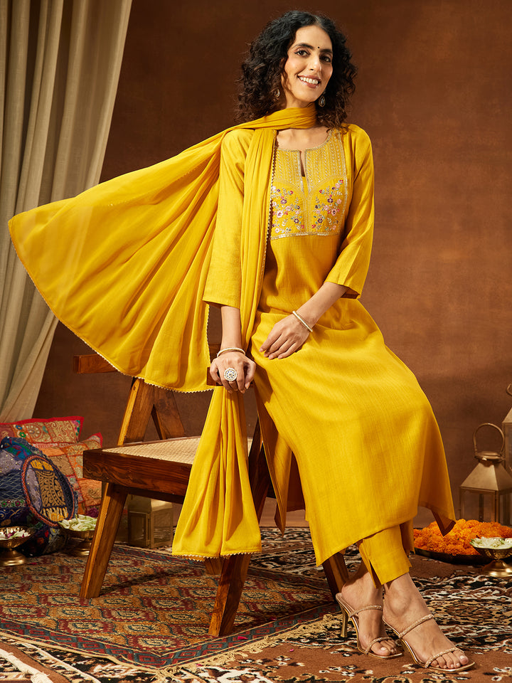 Mustard Silk Blend Yoke Embroidery 3-Piece Kurta Set