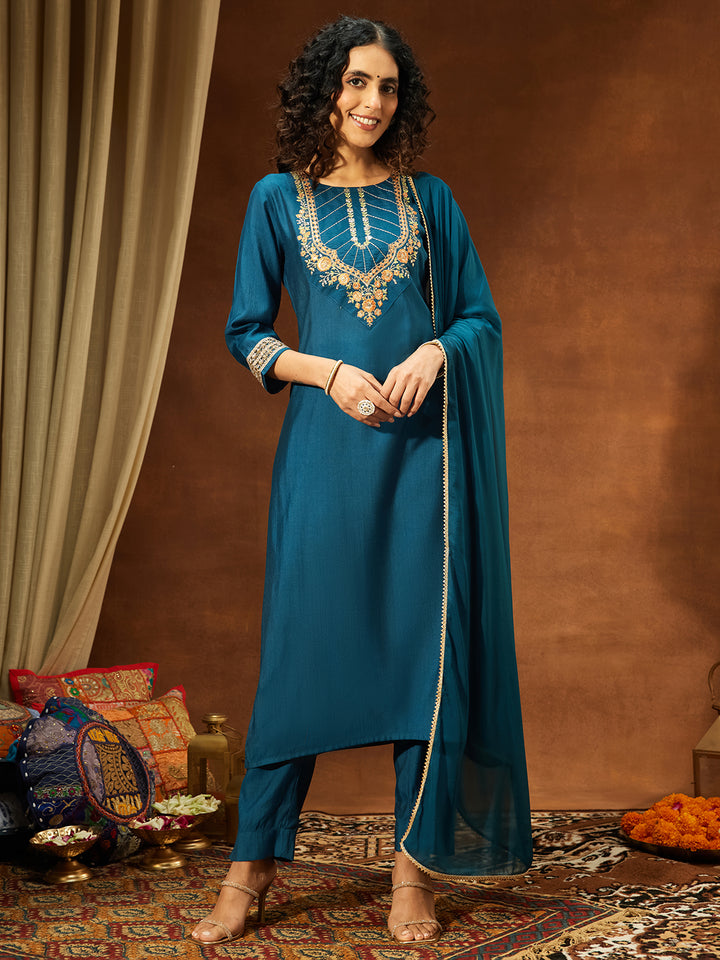 Teal Silk Blend Yoke Embroidery 3-Piece Kurta Set