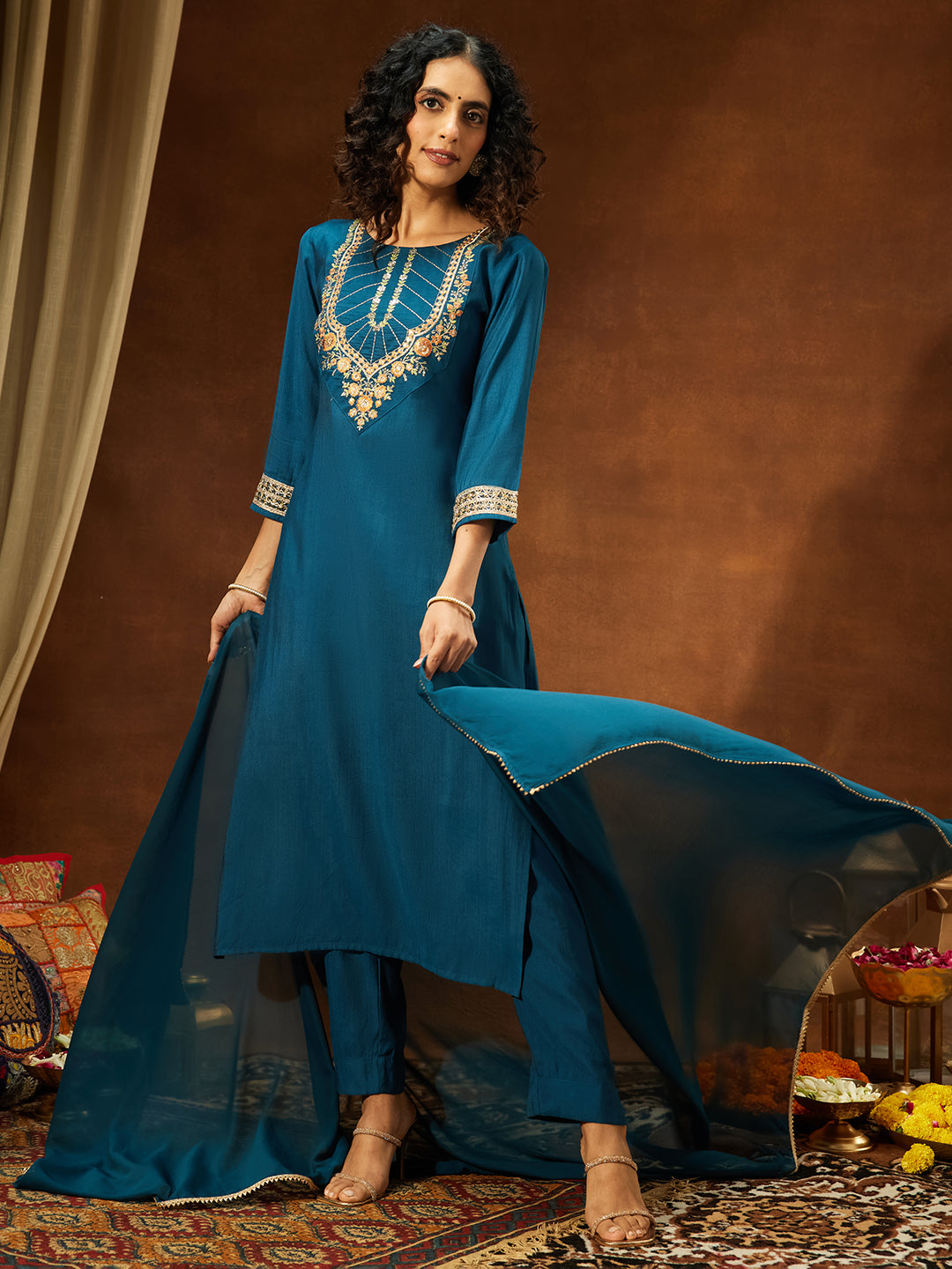 Teal Silk Blend Yoke Embroidery 3-Piece Kurta Set