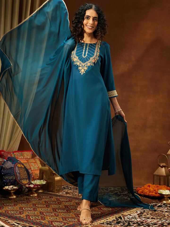 Teal Silk Blend Yoke Embroidery 3-Piece Kurta Set