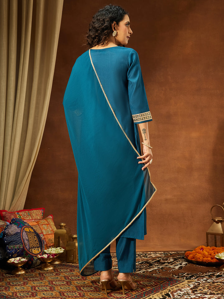 Teal Silk Blend Yoke Embroidery 3-Piece Kurta Set