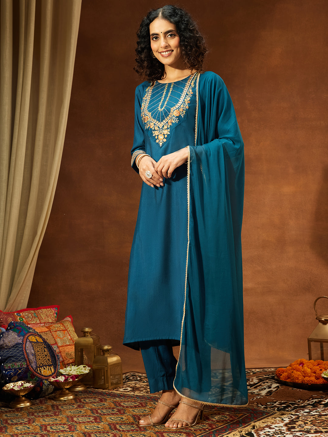 Teal Silk Blend Yoke Embroidery 3-Piece Kurta Set
