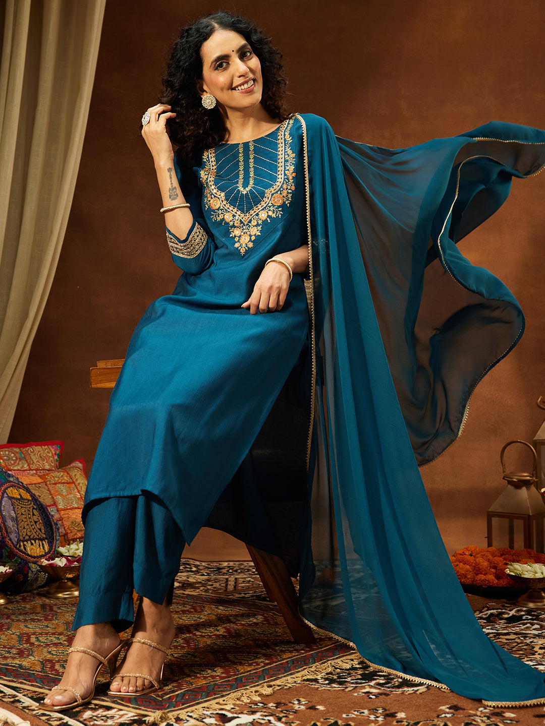 Teal Silk Blend Yoke Embroidery 3-Piece Kurta Set