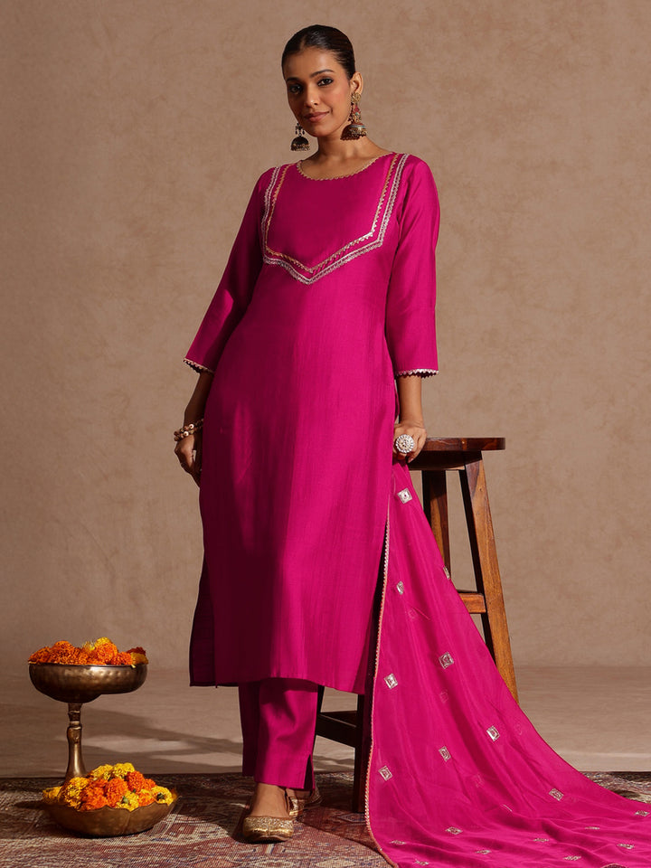 Pink Silk Blend Yoke Design 3-Piece Kurta Set