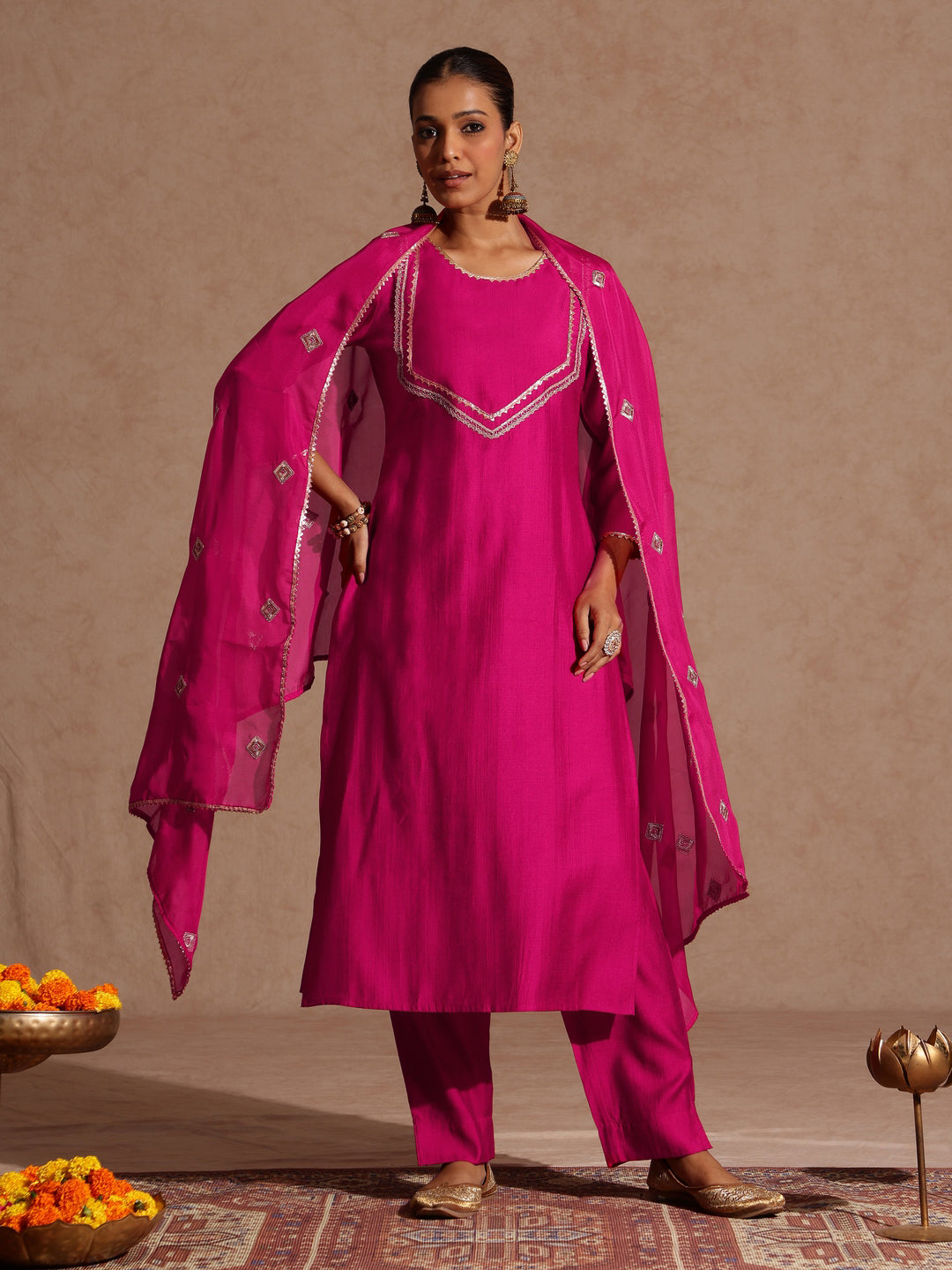 Pink Silk Blend Yoke Design 3-Piece Kurta Set