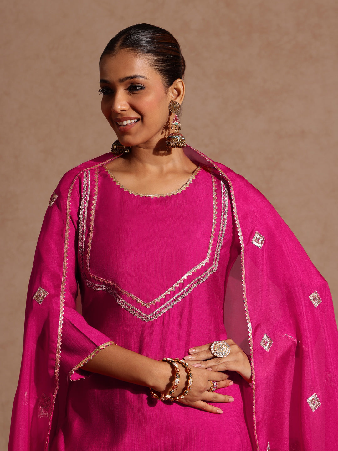 Pink Silk Blend Yoke Design 3-Piece Kurta Set