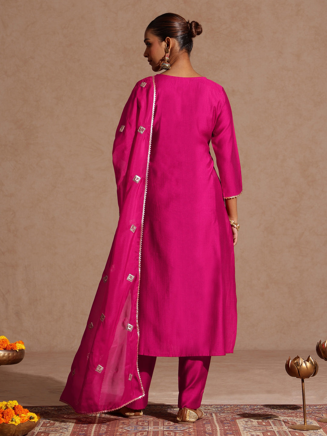 Pink Silk Blend Yoke Design 3-Piece Kurta Set