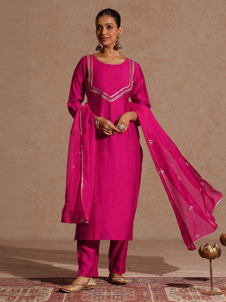 Pink Silk Blend Yoke Design 3-Piece Kurta Set