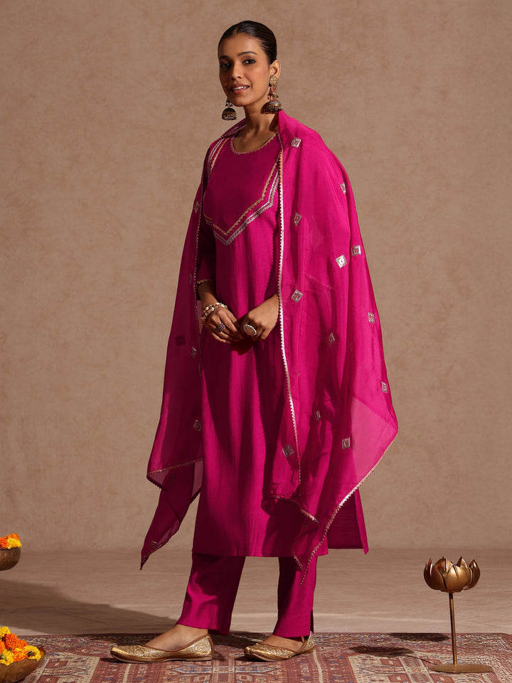 Pink Silk Blend Yoke Design 3-Piece Kurta Set