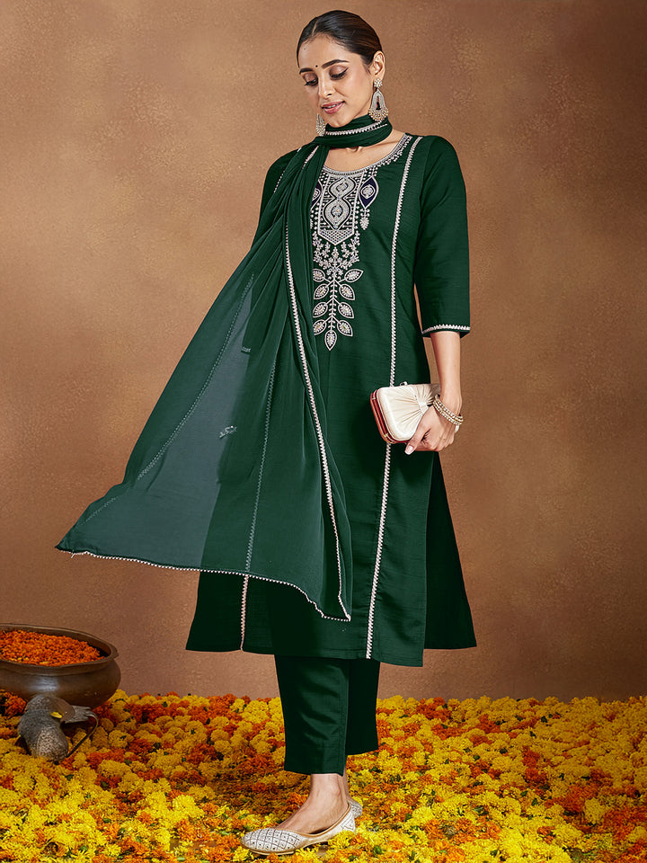 Bottle Green Silk Blend Embroidered 3-Piece Kurta Set