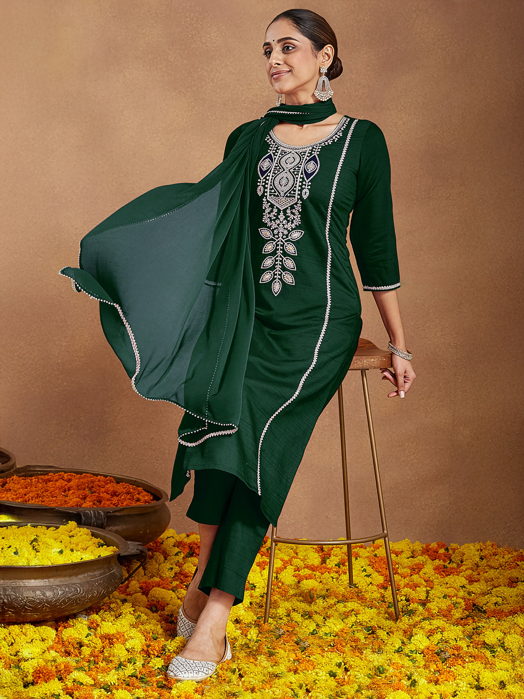 Bottle Green Silk Blend Embroidered 3-Piece Kurta Set