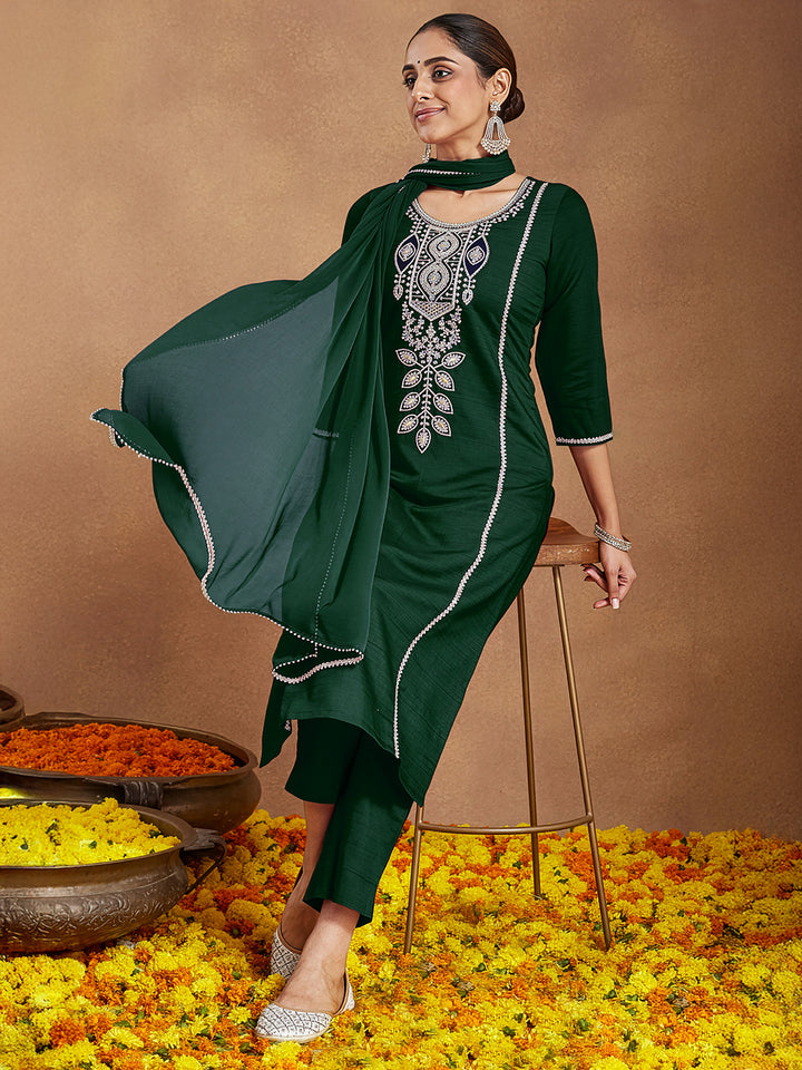 Bottle Green Silk Blend Embroidered 3-Piece Kurta Set