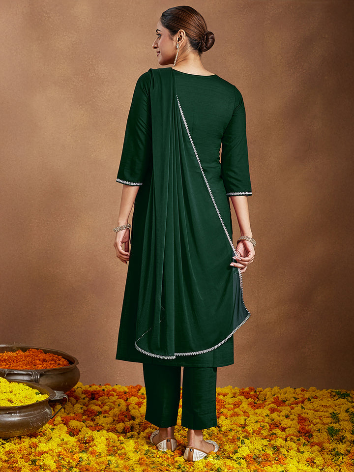 Bottle Green Silk Blend Embroidered 3-Piece Kurta Set
