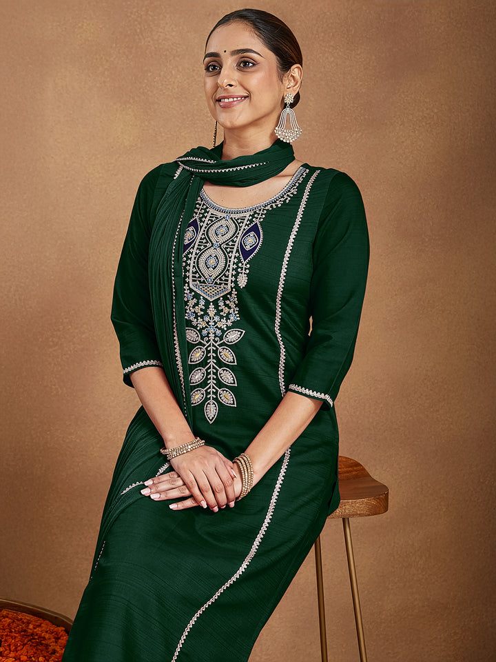 Bottle Green Silk Blend Embroidered 3-Piece Kurta Set