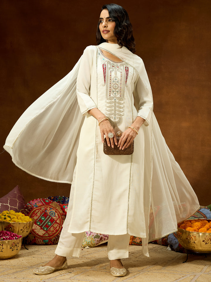 White Silk Blend Embroidered 3-Piece Kurta Set