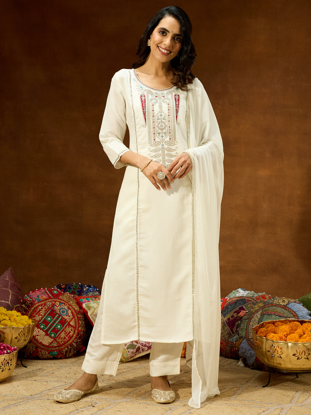 White Silk Blend Embroidered 3-Piece Kurta Set