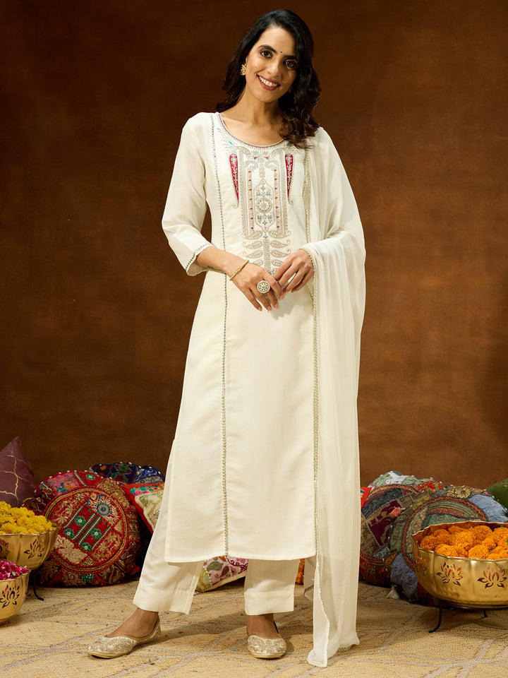 White Silk Blend Embroidered 3-Piece Kurta Set