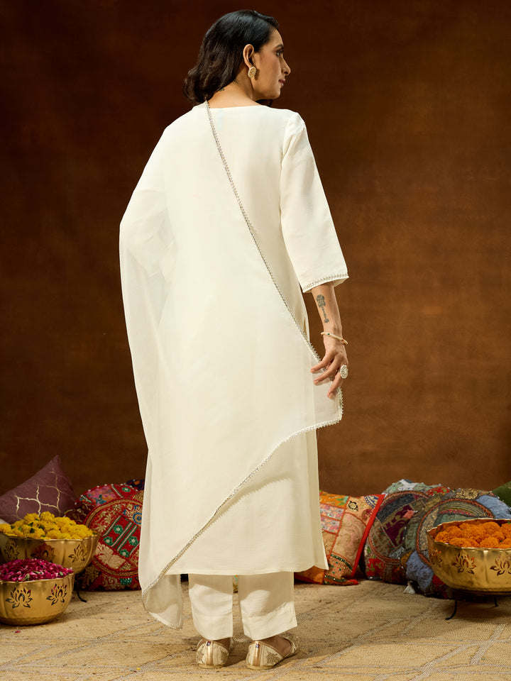 White Silk Blend Embroidered 3-Piece Kurta Set