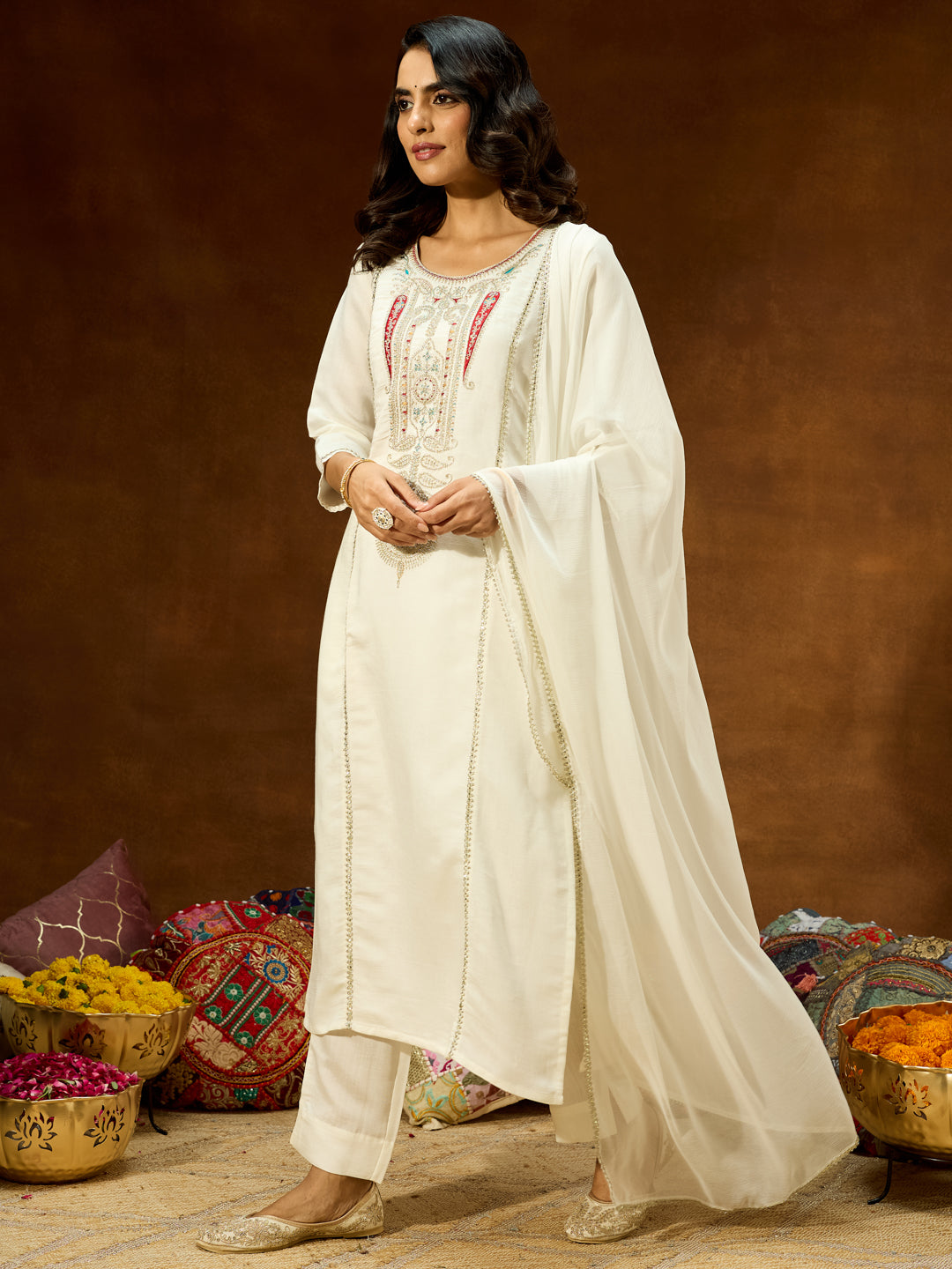 White Silk Blend Embroidered 3-Piece Kurta Set