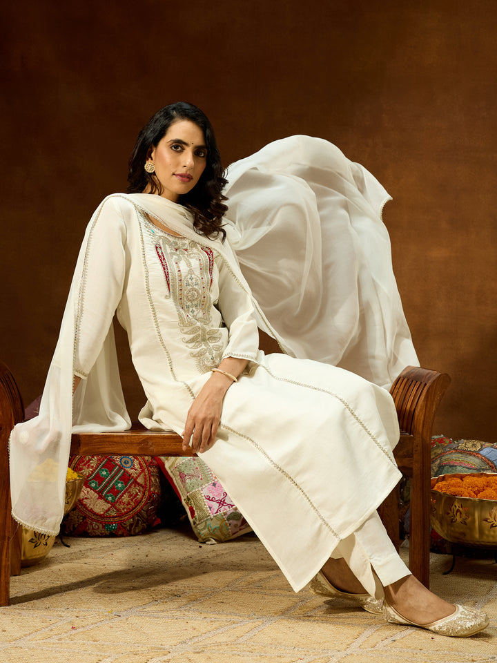 White Silk Blend Embroidered 3-Piece Kurta Set