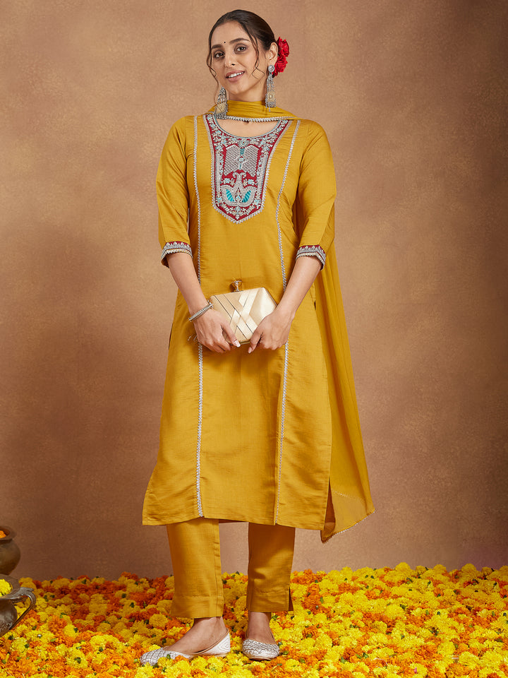 Mustard-Georgette-Straight-Embroidered-3-Piece-Kurta-Set