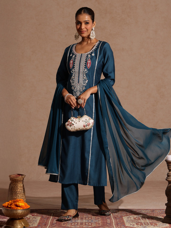 Teal Silk Blend Embroidered 3-Piece Kurta Set