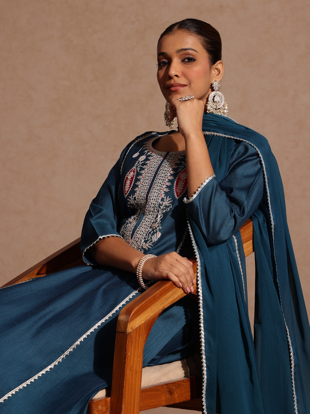 Teal Silk Blend Embroidered 3-Piece Kurta Set