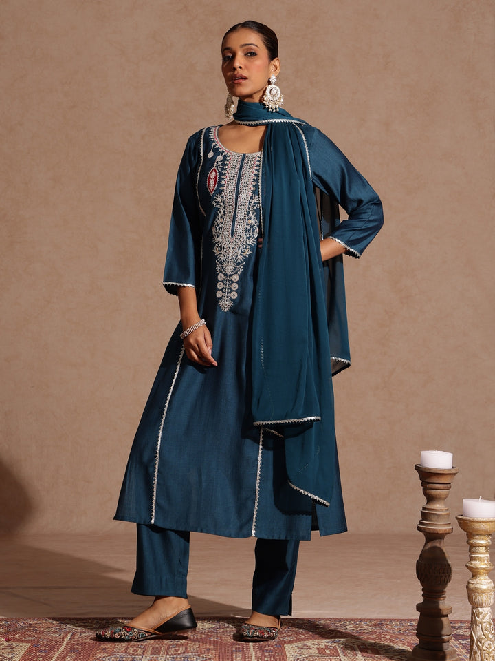 Teal Silk Blend Embroidered 3-Piece Kurta Set