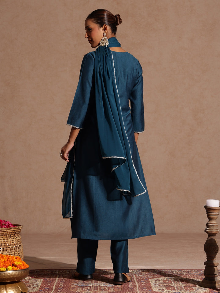 Teal Silk Blend Embroidered 3-Piece Kurta Set