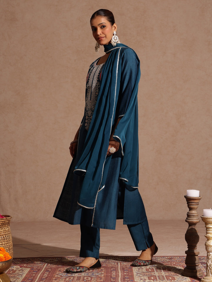 Teal Silk Blend Embroidered 3-Piece Kurta Set