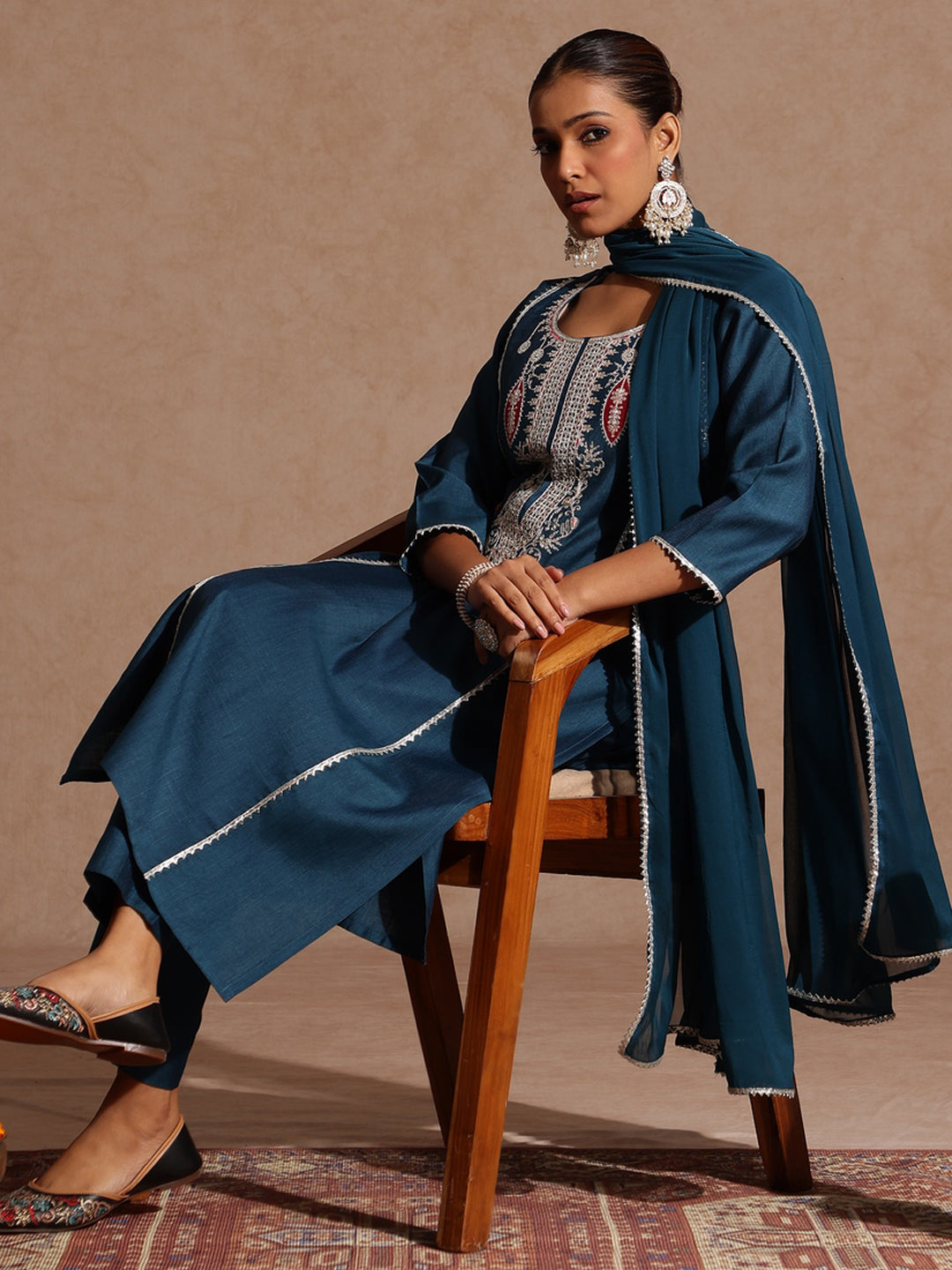 Teal Silk Blend Embroidered 3-Piece Kurta Set