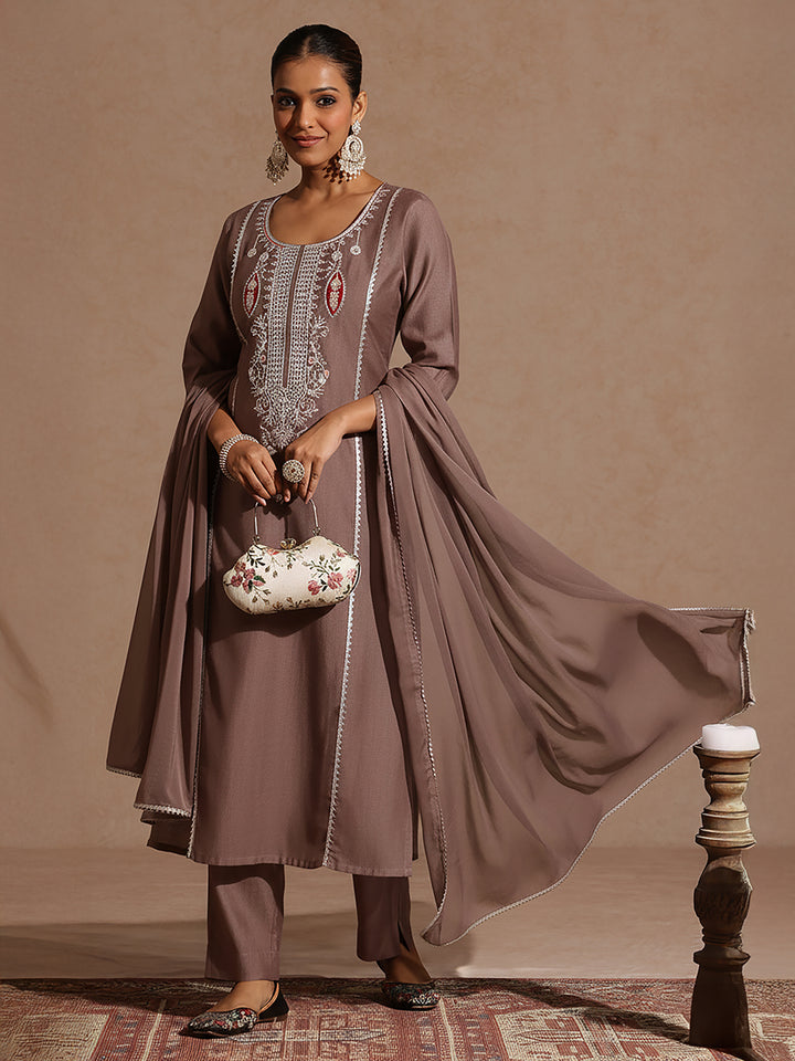 Brown Silk Blend Embroidered 3-Piece Kurta Set