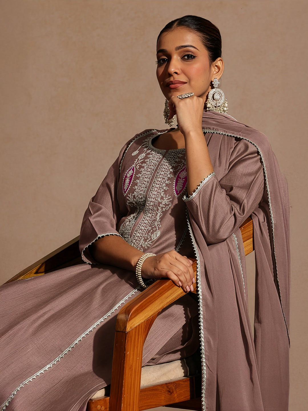 Brown Silk Blend Embroidered 3-Piece Kurta Set