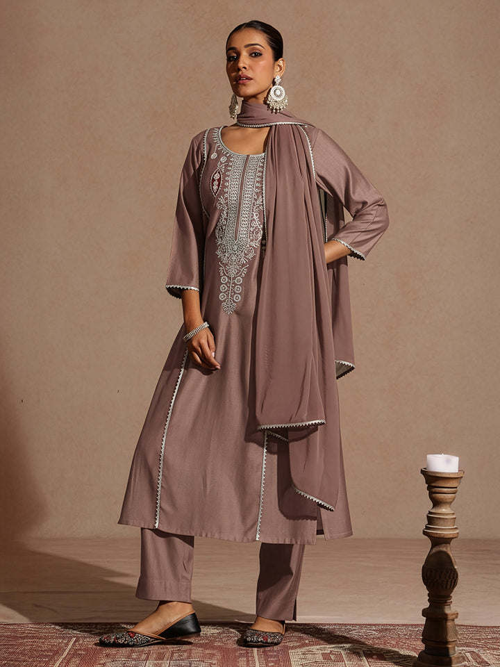 Brown Silk Blend Embroidered 3-Piece Kurta Set